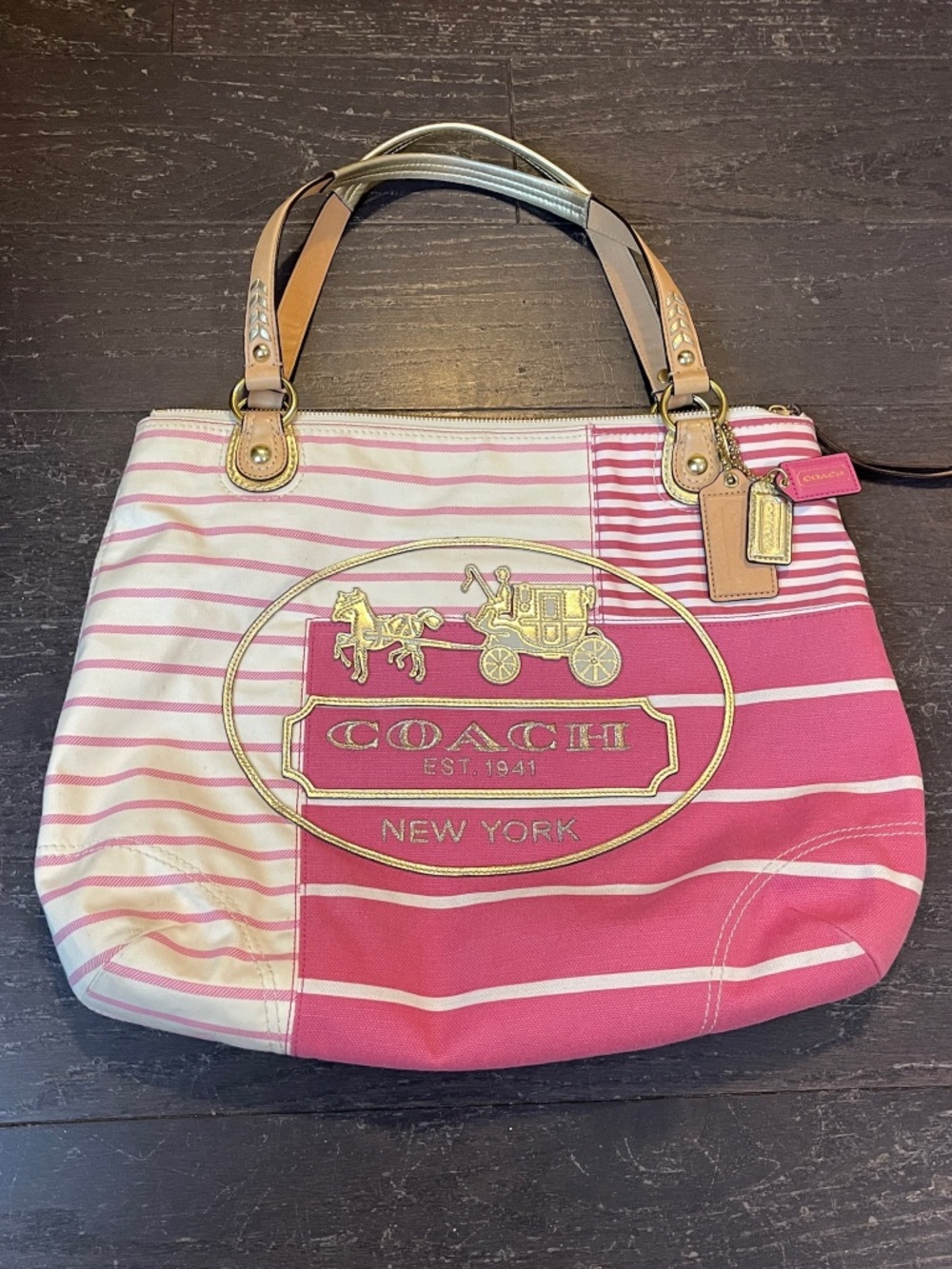 VTG RARE Coach Poppy patchwork tote shoulder white Canvas Pink Striped Y2K bag